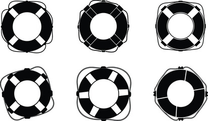 Lifebuoy silhouettes set with various life ring designs and rope details isolated on white background maritime safety vector collection © MdSakila