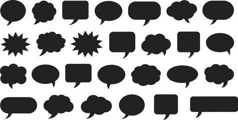 Fototapeta premium Black speech bubble silhouette set with comic dialog boxes and chat icons, blank message shapes collection for communication design, vector illustration isolated on white.