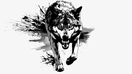 Obraz premium Dramatic monochrome illustration of a powerful wolf in motion with ink splash effect