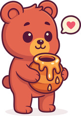 Fototapeta premium A cute, brown bear lovingly holds a dripping honey pot, conveying sweetness and warmth, ideal for children's content, nature themes, and animal illustrations.