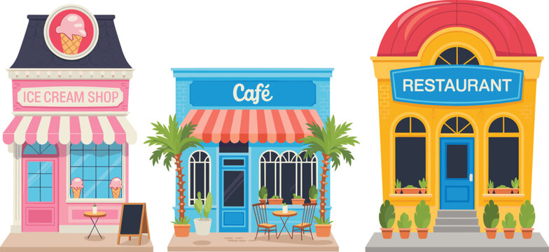 Cute storefront set illustration of ice cream shop, cafe and restaurant buildings with outdoor seating, colorful flat design, small business concept isolated.