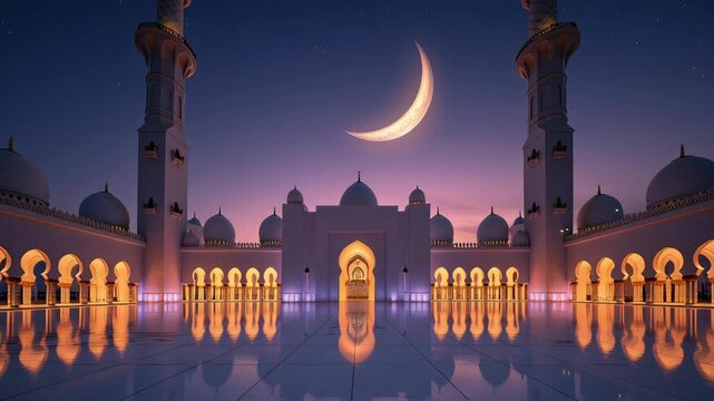 Majestic Mosque with Crescent Moon and Starry Sky at Sunset, Islamic Architecture with Minarets and Domes, Copy Space for Ramadhan Ramadan Eid Al-Fitr Celebrations