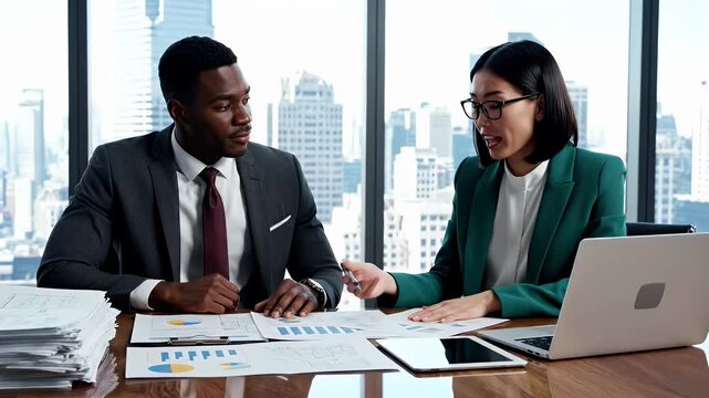 Business colleagues collaborate on market analysis, reviewing reports and data to make informed strategic decisions for growth in a contemporary office setting