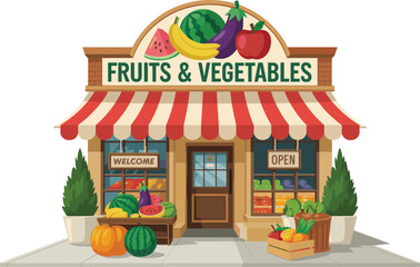 Fruits and vegetables shop illustration showing fresh organic grocery store facade with market display, healthy food retail concept, colorful flat vector design isolated.