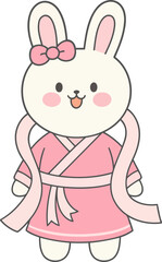 Obraz premium An adorable bunny character dressed in a pink robe with a bow, radiating cuteness and charm, appealing to both children and adults with its playful and inviting demeanor.