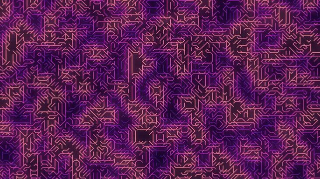 A vibrant, intricate pattern of interlocking purple and gold shapes creates a mesmerizing abstract design that fills the entire frame