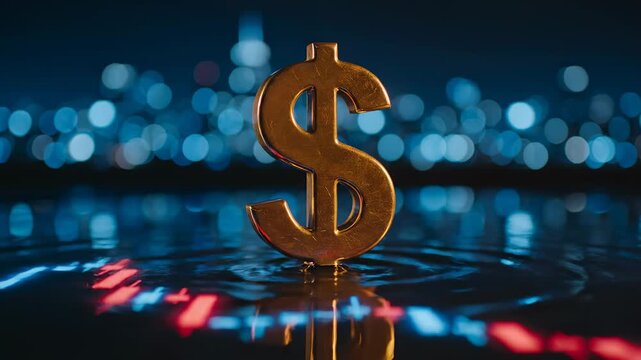 Cinematic macro shot of a glowing golden dollar sign sculpture standing on a dark, liquid-like financial surface.