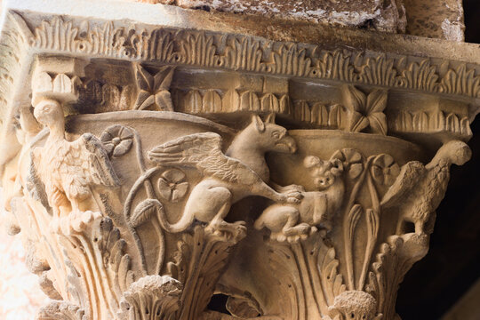 Carved Griffin on Medieval Column Capital Monreale Cloister
