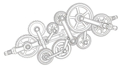 Complex Gear Mechanism Blueprint: Intricate Machine Design, Engineering Blueprint