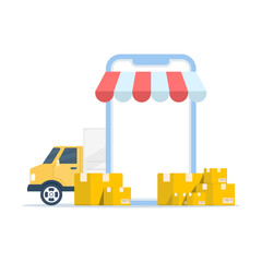 Naklejka premium Flat vector of delivery van, cardboard boxes, and smartphone app, illustrating fast parcel shipping, online order tracking, and courier service isolated on white background.