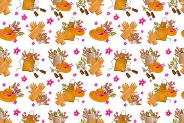 Hand drawn gardening seamless pattern with gloves hat apron tools and pink flowers on light background.