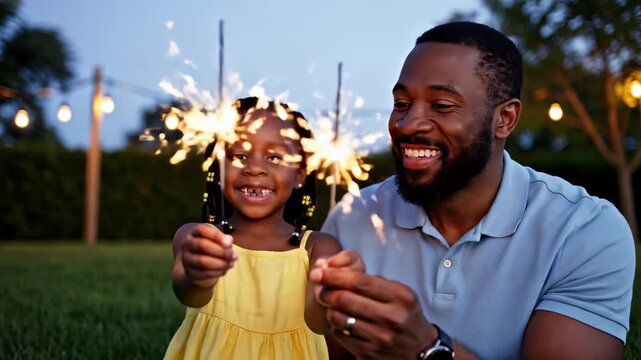 A father and daughter create unforgettable memories in a serene garden as they play with sparklers at dusk. Their joyful expressions light up the evening, capturing the essence of family bonding.