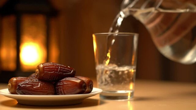 A hand pouring water into a glass next to dates for Iftar, the traditional meal to break fast during Ramadan. Highlights Muslim culture, religious observance, spiritual devotion, and community.