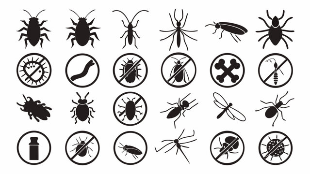 Collection of Insect Icons and Symbols Illustrating Various Bugs and Pests in Black Silhouettes