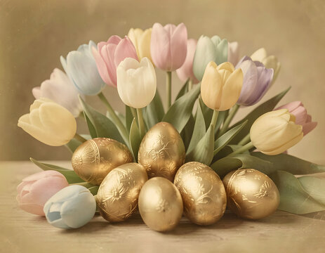 Easter arrangement with gold decorated eggs and pastel color tulips in old photograph style