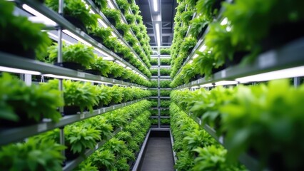 Vertical farming tower: LED grow lights illuminating stacked crops, hydroponic nutrients flowing, urban agriculture innovation