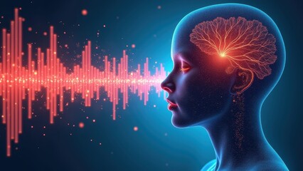 Blue glowing human head profile with illuminated brain and red sound wave entering through face, dark teal background, digital art, concept of neuroscience, psychology, brainstorming