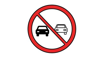 No Overtaking Traffic Sign Showing Two Cars and Red Circle with Diagonal Line.