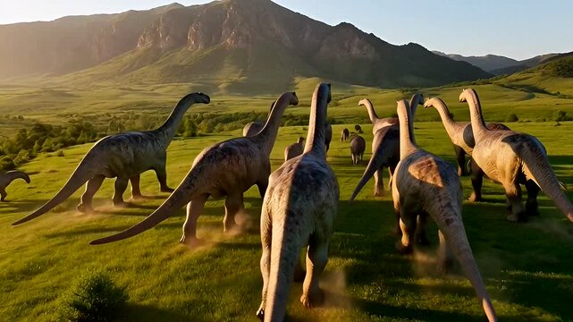 Herd of dinosaurs roaming lush green valley with mountains in the distance during sunrise.