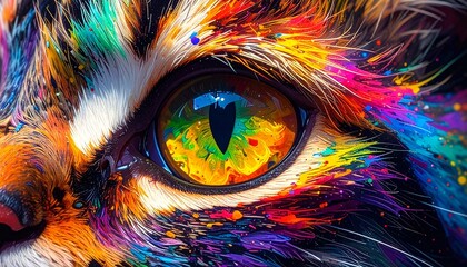 Obraz premium Colorful Neon Cat Face Close Up, Vibrant Digital Art Animal Portrait, Psychedelic Fantasy Pet Illustration