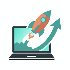 Startup growth rocket launch from laptop screen, flat minimal vector illustration