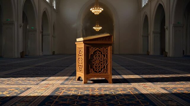 Empty ornate wooden lectern in spacious mosque interior with sunlight casting shadows from chandeliers overhead