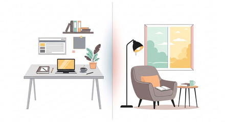 Modern interior design elements illustration home office and living room scenes
