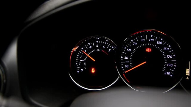 Close-up view of car dashboard in dark setting with bright orange glow of tachometer and speedometer dials. Vehicle is stopped with engine active and hazard lights illuminated.