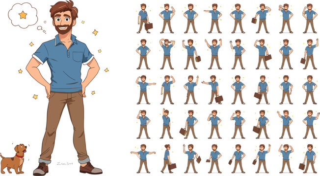 Anime style female office worker character sheet displaying various facial expressions full body view and separate assets for animation projects