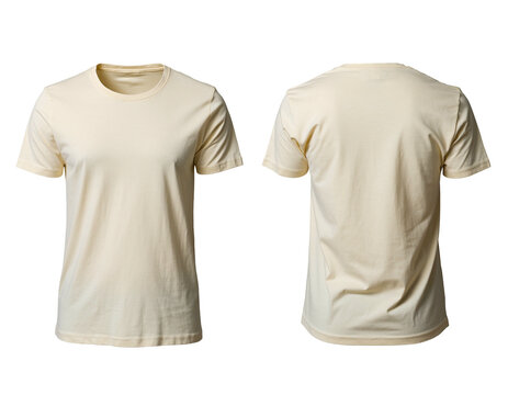 Front and back view of a plain, cream-colored, short-sleeved t-shirt (1)