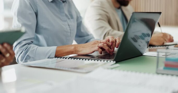 Typing, hands and business woman with laptop in meeting for project tasks, agenda or reminder. Female person, employee or taking notes with computer for minutes, schedule plan or report in workplace