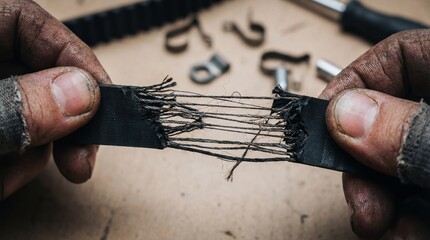 Top Down Macro of Fingers Pulling Frayed Timing Belt Apart with Rubber Fibers and Internal Cord Stretching During Failure Inspection