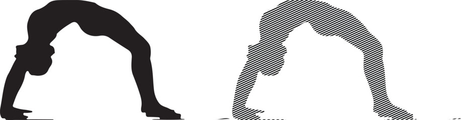Obraz premium Silhouette and hatched vector graphic set depicting a female figure executing the challenging yoga wheel pose to promote flexibility and physical strength development