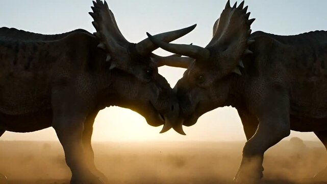Two horned dinosaurs engage in a dramatic head-to-head duel in a dusty prehistoric landscape.