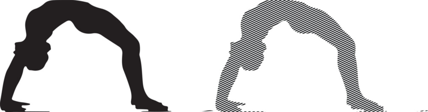 Silhouette and hatched vector graphic set depicting a female figure executing the challenging yoga wheel pose to promote flexibility and physical strength development