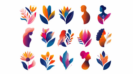 Colorful floral and silhouette illustrations on white background for creative design