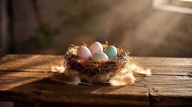 Pastel eggs rest in a rustic nest on a wooden table in soft sunlight with feathers scattered around.