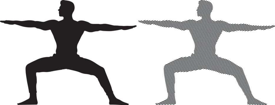 Silhouette and hatched outline of a muscular man holding a strong warrior two yoga pose showing balance strength and deep stretching technique in fitness or meditation practice