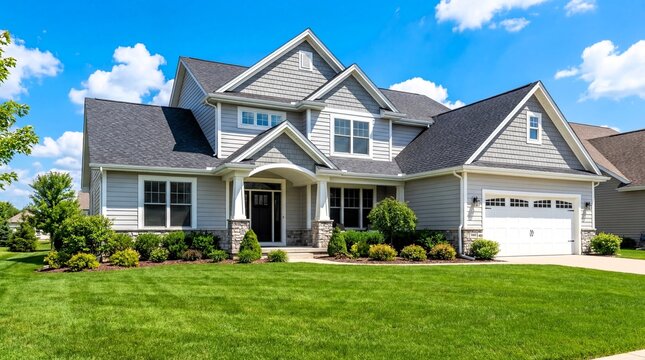 Beautifully maintained two-story suburban home showcases light gray siding, dark roof, and lush green lawn under a bright sky.