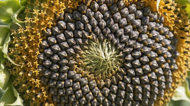 In a vibrant garden, sunflower seeds form mesmerizing spirals, showcasing an incredible pattern of nature's design. Sunlight bathes the scene, illuminating the intricate details.