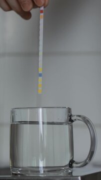 Close-up, male hand holding DIY colored water quality test strip. Ready to measuring pH level, nitrites, nitrates, hardness, alkalinity, lead, chlorine, cyanuric acid in tap drinking water. Vertical s