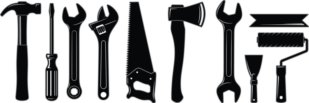 Black silhouette construction and repair tools icons set with hammer, screwdriver, wrench, saw, axe, and paint roller, flat vector symbols for industrial and workshop design