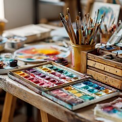 Fototapeta premium Professional paintbrushes in jar beside colorful palette photo