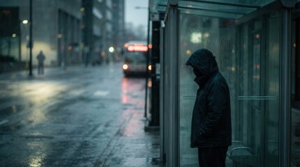 Unrecognizable person waiting at a bus stop, wearing a dark hooded jacket in the rain. Wet city street and blurred vehicle lights create a moody atmosphere.