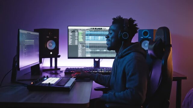 In a vibrant studio, an artist immersed in music creation uses sophisticated software to compose intricate tunes. The glow of screens reflects his dedication as he refines sound.