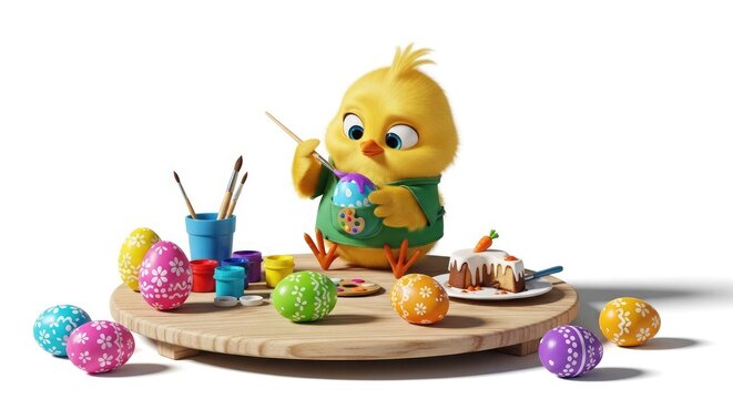 Cartoon chick painting colorful Easter eggs on a wooden table with paintbrush, vibrant paints, and decorated eggs, celebrating the festive holiday spirit