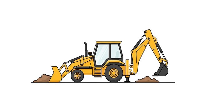 Yellow Backhoe Loader Excavating Earth on White Background.