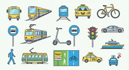 Collection of various transportation vehicles and signs.