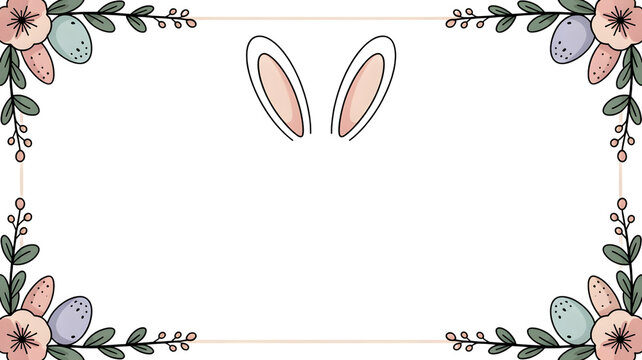 Easter bunny ears frame with floral border, isolated on white background.