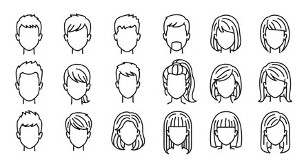 Collection of diverse faceless human head avatars in outline style.